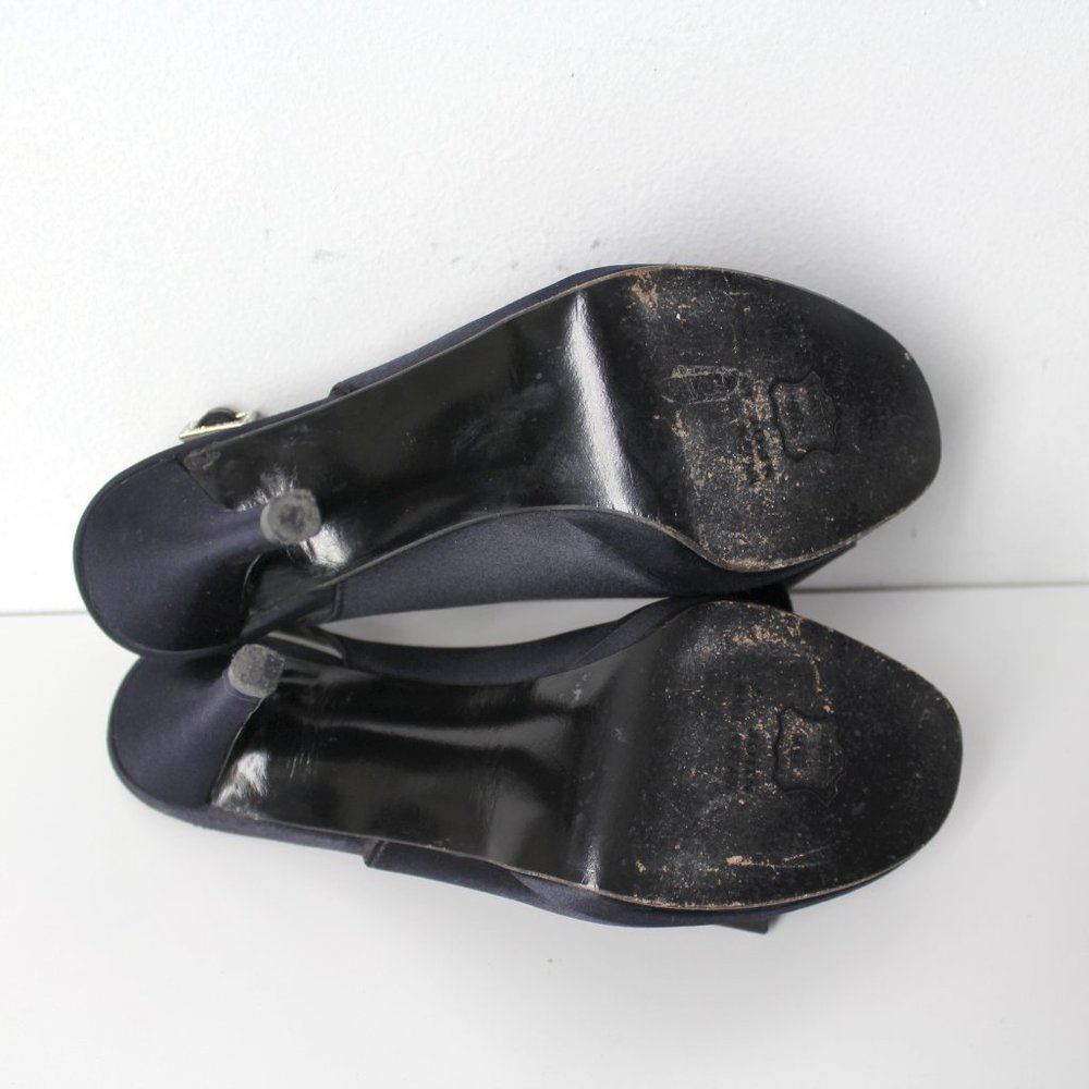 St John Black Satin Peep Toe Slingback Evening High Heels Bow Jeweled Shoes 6M - Picture 12 of 15
